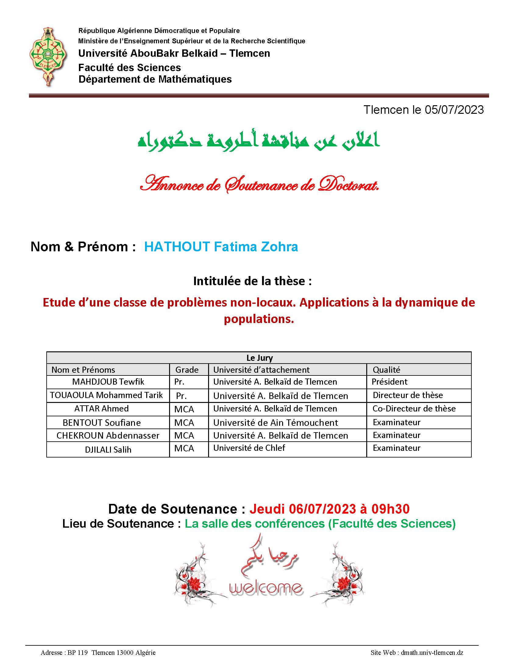 Annonce de soutenance de Doctorat Université Abou bekr Belkaid Tlemcen